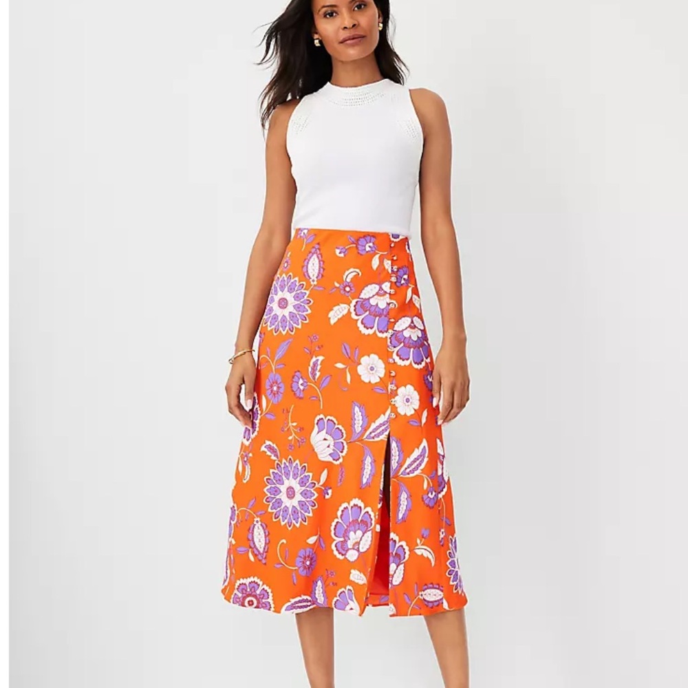 Ann Taylor Floral Button Slit Midi Slip Skirt Orange XS NWT - Picture 2 of 10